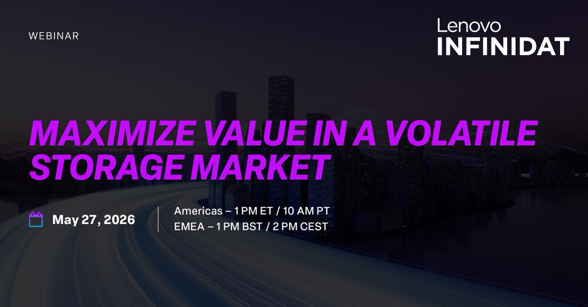 Infinidat's tweet photo. Join Infinidat on May 27 to explore how intelligent hybrid storage strategies can help organizations maximize value, improve efficiency, and control costs in today’s volatile storage market.

Register now:
Americas 👉 https://t.co/9egVrwm8wI
EMEA 👉 https://t.co/DBUduHQ4bn https://t.co/5uwPdgC7EC