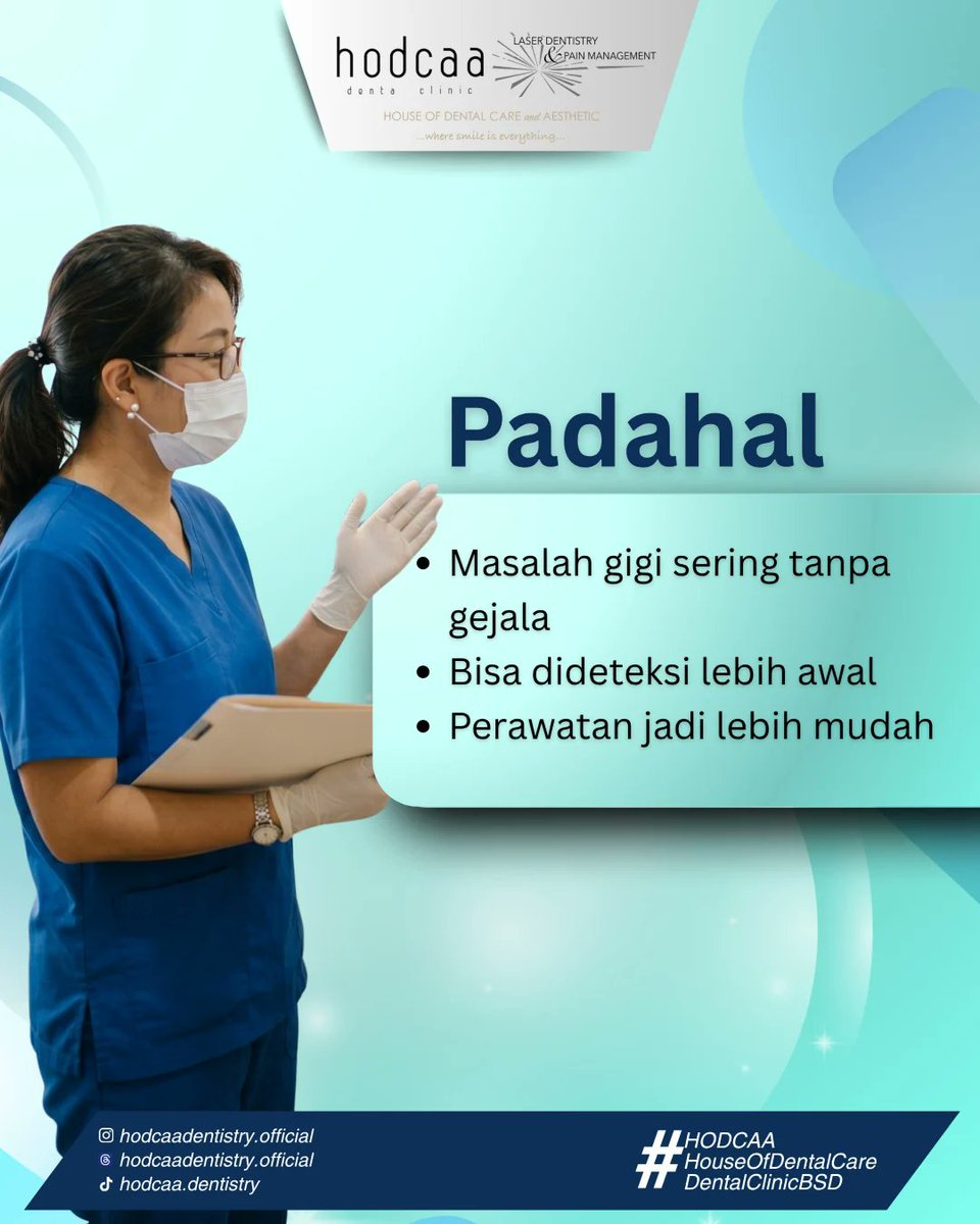 Hello__Dental's tweet photo. Masalah gigi sering datang tanpa gejala. Deteksi lebih awal membuat perawatan jadi lebih mudah! Jangan tunggu sakit, lakukan pemeriksaan rutin di untuk menjaga kesehatan gigi Anda.

#HodcaaDentalClinic #DentalClinicBSD #HodcaaBSD #PremiumDentalClinic #aestheticdental https://t.co/3IkqiU8Gqq