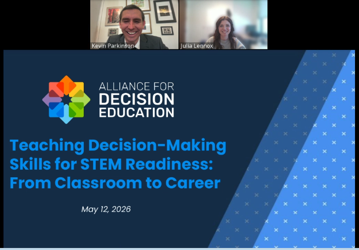 AllDecisionEd's tweet photo. Thanks to everyone who joined our EdWeb webinar, “Teaching Decision-Making Skills for STEM Readiness: From Classroom to Career,” earlier this week!

We loved exploring how Decision Education can be integrated into the teaching you’re already doing, helping students apply what they know in meaningful ways, allowing them to navigate a world of uncertainty and complexity.

A recording of the webinar is available now! Watch and share with anyone who may be interested in bringing decision-making skills to their classroom.
https://t.co/5NJvEaHR2c