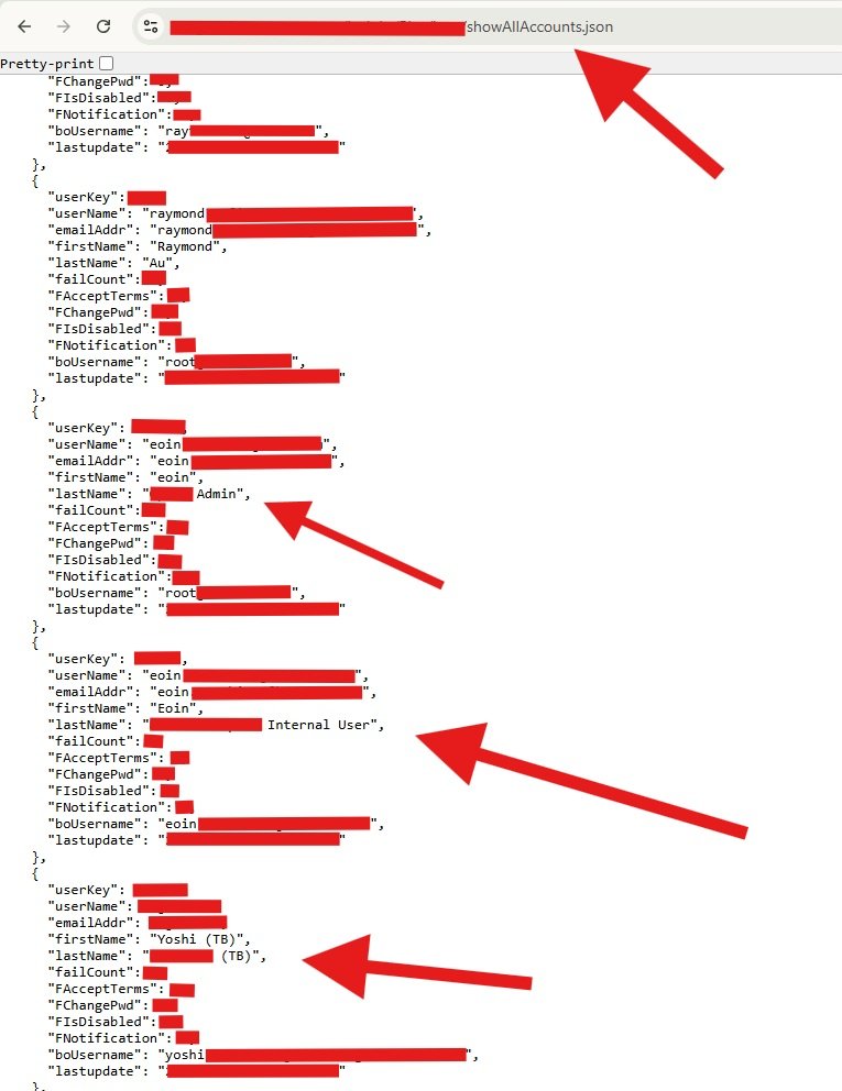 VAG33K's tweet photo. this was just one endpoint from over +16 endpoints. 
"showAllAccounts.json" was return all the internal user data ( CFO, IT, Admins ,And Third Party user Accounts ...etc).
#bugbounty #bugbountytips https://t.co/qU8V35fLMo