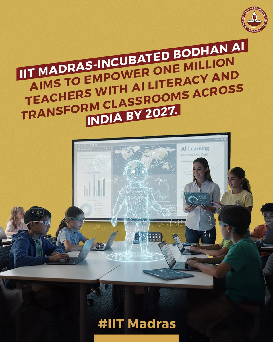 iitmadras's tweet photo. AI is entering classrooms — and IIT Madras is helping teachers lead the way.

As reported in Enterprise AI, The Economic Times, Bodhan AI, a Centre for Excellence for AI in Education incubated at IIT Madras, has launched a nationwide initiative to train one million teachers in Artificial Intelligence by 2027.

The “AI Literacy for Teachers” programme aims to help educators integrate AI into everyday teaching — from lesson planning and worksheet creation to multilingual content delivery, assessments, and evaluation. By simplifying routine tasks, the initiative seeks to give teachers more time to focus on meaningful learning experiences for students.

The programme will roll out in phases through pilot initiatives in the coming months, with the first public cohort set to launch on Teachers’ Day, September 5.

Through initiatives like these, IIT Madras continues to drive inclusive, technology-enabled education for the future.

Read more at: https://t.co/o3dQqjUzxx 

@EconomicTimes  @iitmadras @Bodhan_AI