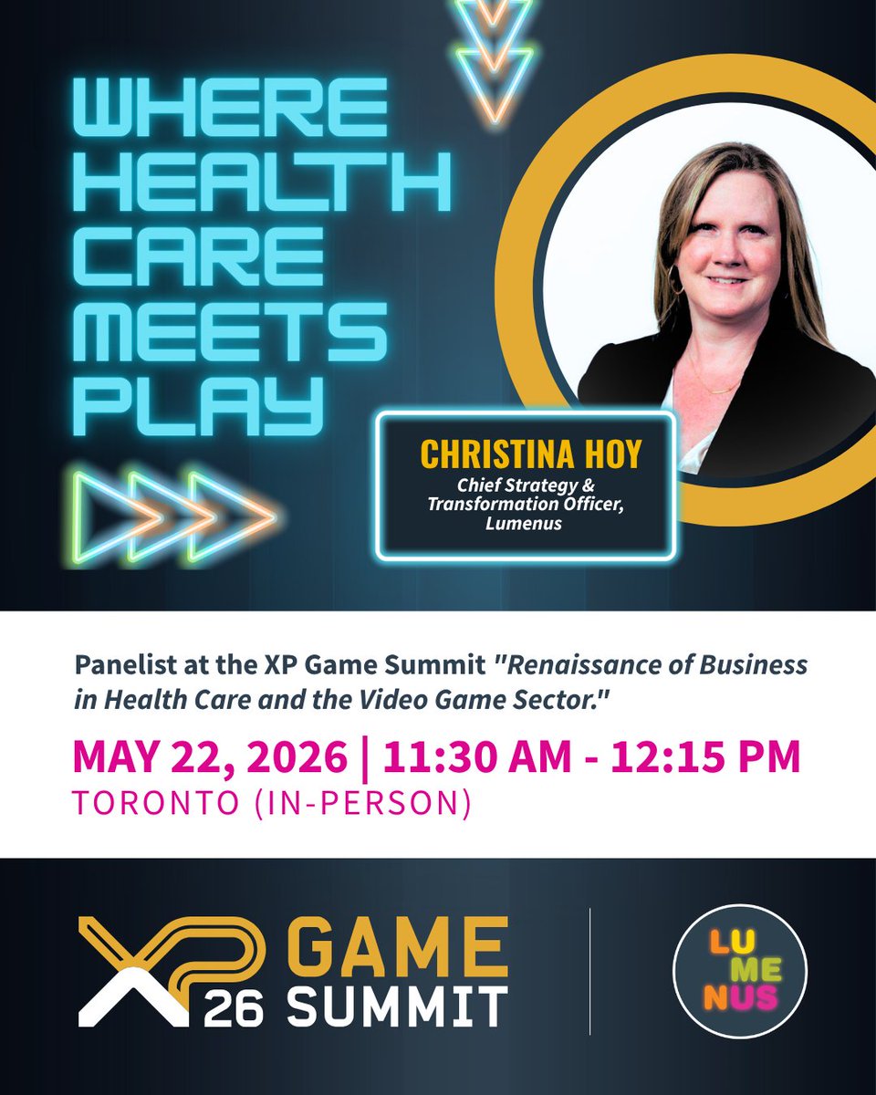 LumenusCS's tweet photo. Health care + video games = the future. Lumenus' Christina Hoy joins leaders at the XP Game Summit to talk collaboration, outcomes &amp; impact. Panel: May 22, 11:30 AM, Toronto. #XPGameSummit #DigitalHealth #GameDev https://t.co/demiWlkIZo
