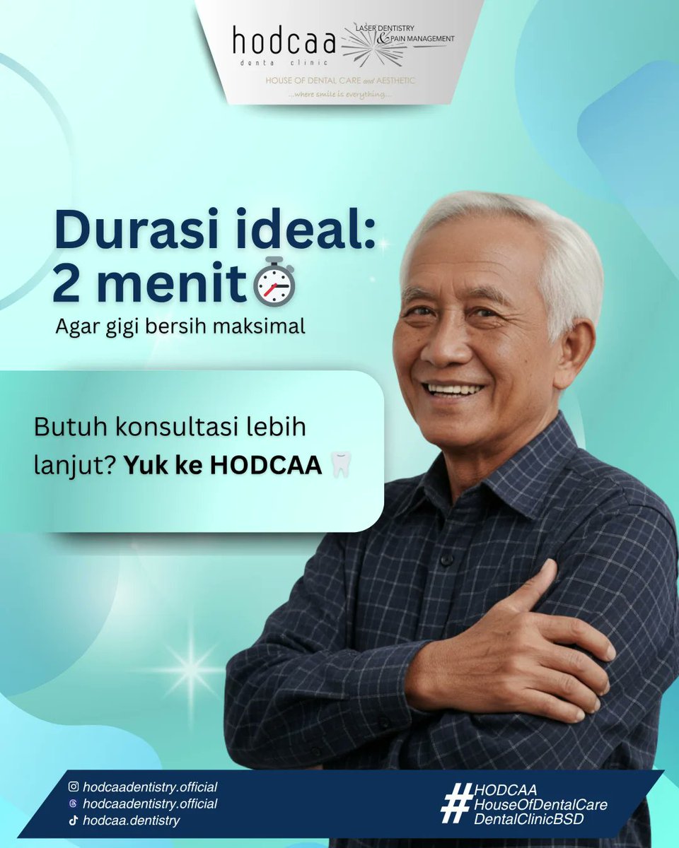 Hello__Dental's tweet photo. ✨Durasi ideal sikat gigi cukup 2 menit saja, agar gigi tetap bersih dan sehat! 🦷 Butuh konsultasi lebih lanjut untuk gigi sempurna? Yuk, langsung ke HODCAA! 😁

#HodcaaDentalClinic #DentalClinicBSD #HodcaaBSD #PremiumDentalClinic #aestheticdental https://t.co/B2b6IF57Jk