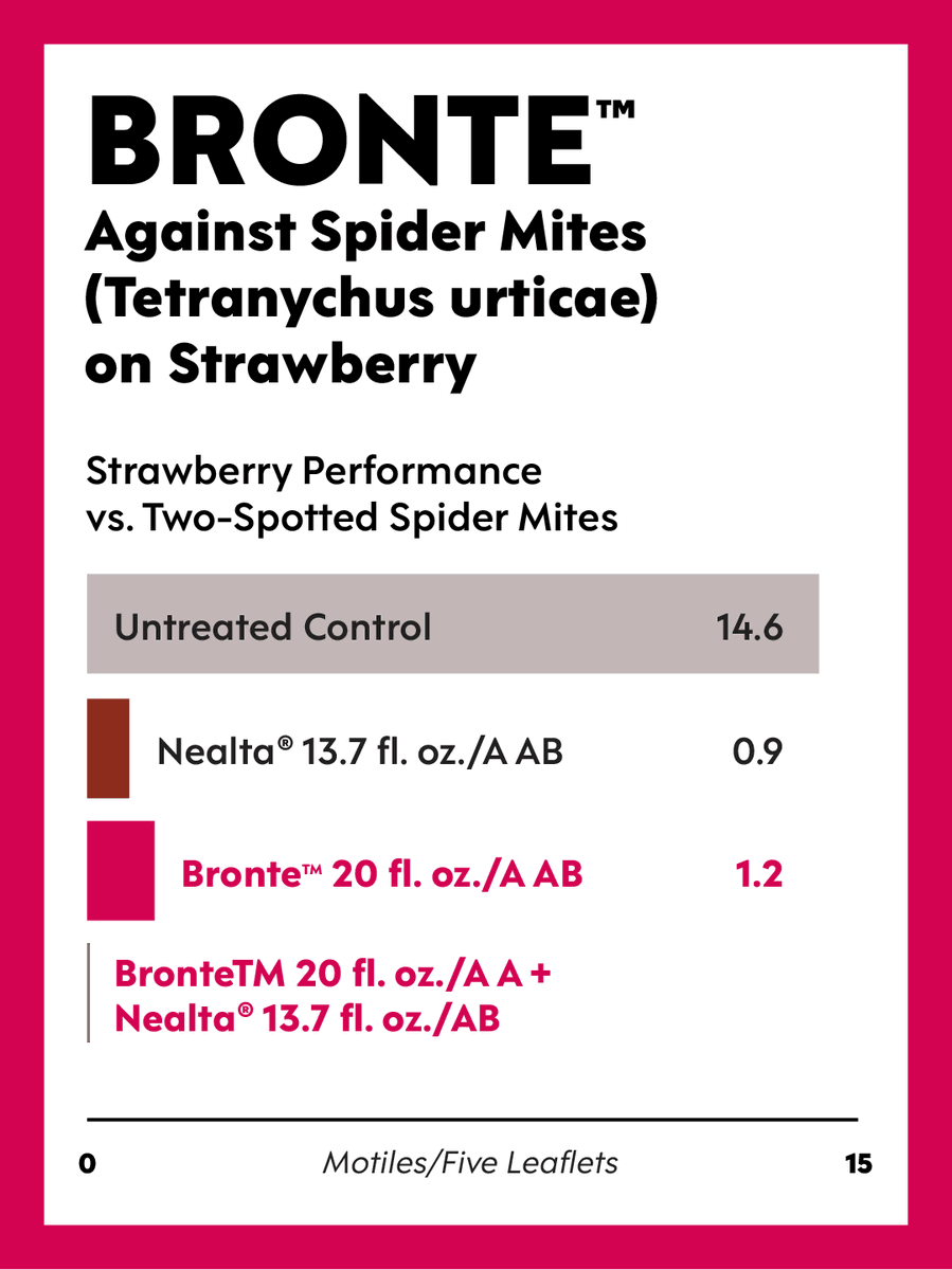 ProFarmGroup's tweet photo. In field testing, Bronte significantly reduced two-spotted spider mite activity compared to untreated strawberries, showing the value of adding it to a crop protection program. https://t.co/I4KBzUF4eS
