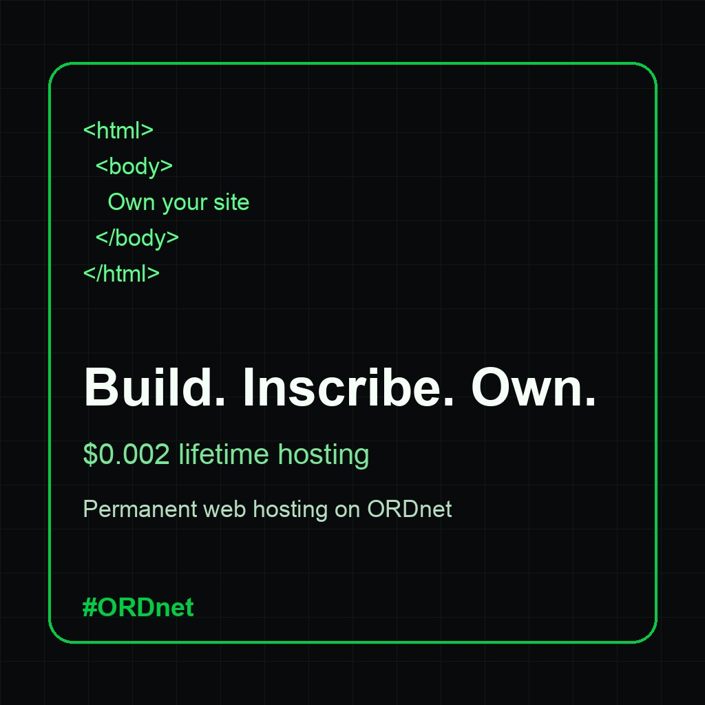 3web3web3's tweet photo. Build once, inscribe once, own it for good. ORDnet puts your HTML on Bitcoin SV from about $0.002 so your site stops living on rented hosting. https://t.co/4tqElsbIKY #ORDnet #Web3 #BSV #PermanentWeb https://t.co/jJhfl7BqMY