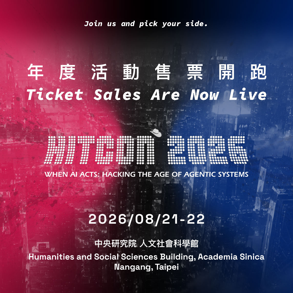 HacksInTaiwan's tweet photo. HITCON 2026 — Ticket Sales Are Now Live 🚀
Ready for Taiwan’s largest cybersecurity conference?
HITCON 2026 tickets are officially on sale!
This year, HITCON brings together cutting-edge topics ranging from vulnerability research, offensive and defensive security, to real-world cybersecurity practices. We’re also partnering with COSCUP to launch the brand-new “HITCON OpenSource Track”, exploring even more possibilities at the intersection of open source and cybersecurity ✨
And this year, our ticket system has been upgraded — the earlier you buy, the more you save!
General admission tickets are divided into multiple pricing stages:
Early Bird / Regular / Late Bird / On-site, so don’t wait until the last minute if you want the best deal 🫵
【Event Information】
📍 Date: Aug 21–22, 2026
📍 Venue: Humanities & Social Sciences Building, Academia Sinica (No. 128, Sec. 2, Academia Rd., Nangang Dist., Taipei City)
【Ticket Overview】
📬 Tickets:
HITCON 2026 Ticket Page: https://t.co/qpV9Z02Deq
🎟️ Ticket Types
1. General Admission (time-based pricing)
・Early Bird: NTD 5,000
・Regular: NTD 6,000
・Late Bird: NTD 7,000
・ On-site: NTD 8,000
2. Student Ticket (NTD 2,500)
・Valid student ID required for on-site verification
3. Concession Admission for HIT Individual/Group Member
・ Individual: NTD 4,800
・Group: NTD 5,400
Exclusively for Association of Hackers in Taiwan (HIT) members.
🎁 Tickets purchased before Aug. 2 will include an exclusive HITCON 2026 welcome pack
(including a Badge, commemorative T-shirt, and more)

⚠️ Notes

・On-site ticket purchase will not be available; online registration only
・T-shirt sizes are “not guaranteed”  for Late Bird and On-site ticket holders
・KKTIX account registration is required before purchasing tickets

The earlier you buy, the better the deal — grab your Early Bird ticket before it’s gone! 🔥

#HITCON2026 #HITCON #COSCUP2026 #HITCONOpenSource #CyberSecurity #InfoSec #OpenSourceSecurity #TicketSales #資安年會 #開源安全 #票券開賣