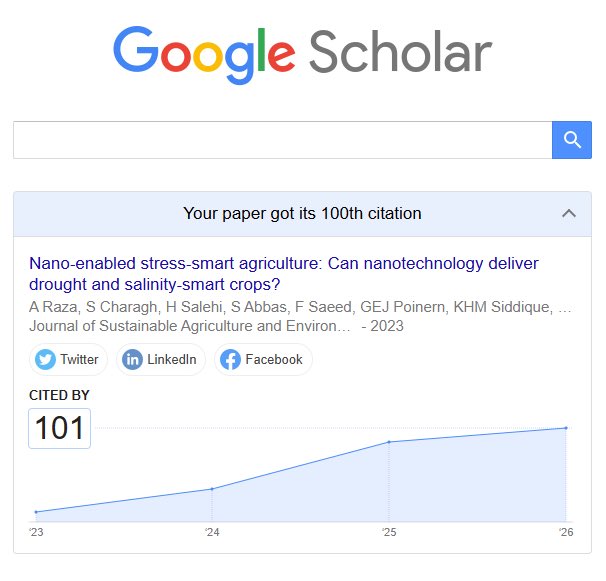 Ale_Raza6's tweet photo. Wow🤩Our review "#Nano-enabled stress-smart #agriculture🌱: Can #nanotechnology deliver #drought and #salinity-smart crops🌾?" in #JSAE @CropGlobal got its 100th citation🔥🎉
Congratulations to all authors and thanks to all who cited us👏👍🏼
🖇️https://t.co/tfVBnUCBym
@sci_plant https://t.co/sX90Alger5
