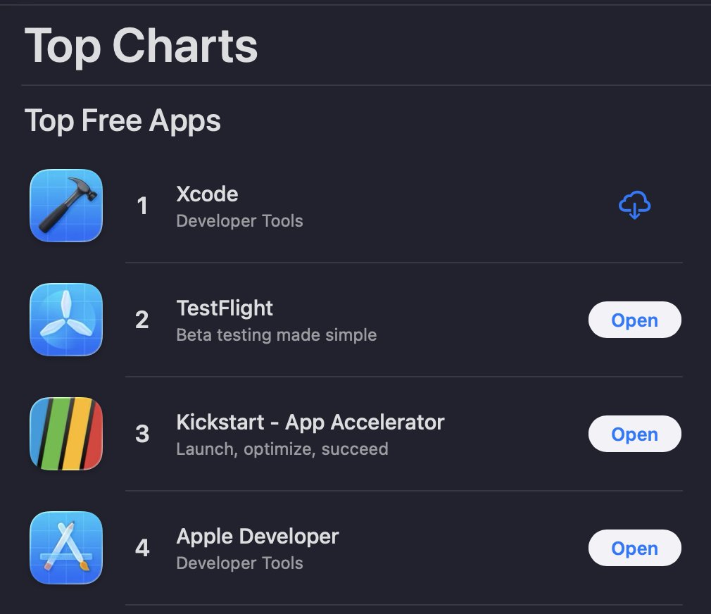 Top Free Apps for the Developer category: Xcode, TestFlight, Kickstart, and Apple Developer in 4th place.