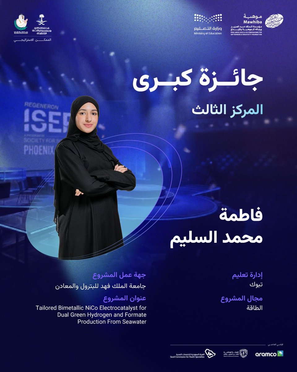 mawhiba's tweet photo. 🎉🏆🎉 
نبارك للطالبة فاطمة محمد السليم من إدارة تعليم تبوك @moe_tbk حصولها على المركز الثالث في #آيسف_2026 عن مشروعها النّوعي في مجال الطاقة.

#عقول_تمثل_الوطن https://t.co/7NvkOq4Xsx