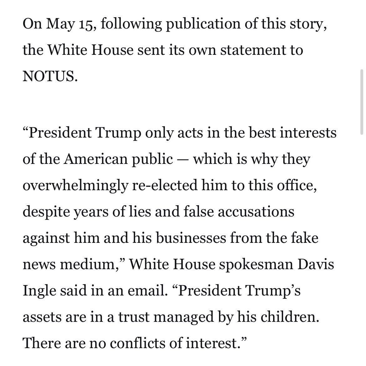 LlanosJackie's tweet photo. The White House sent us this statement on Trump’s stocks today, after originally referring our questions to the Trump Org. https://t.co/5jafzuQjUO