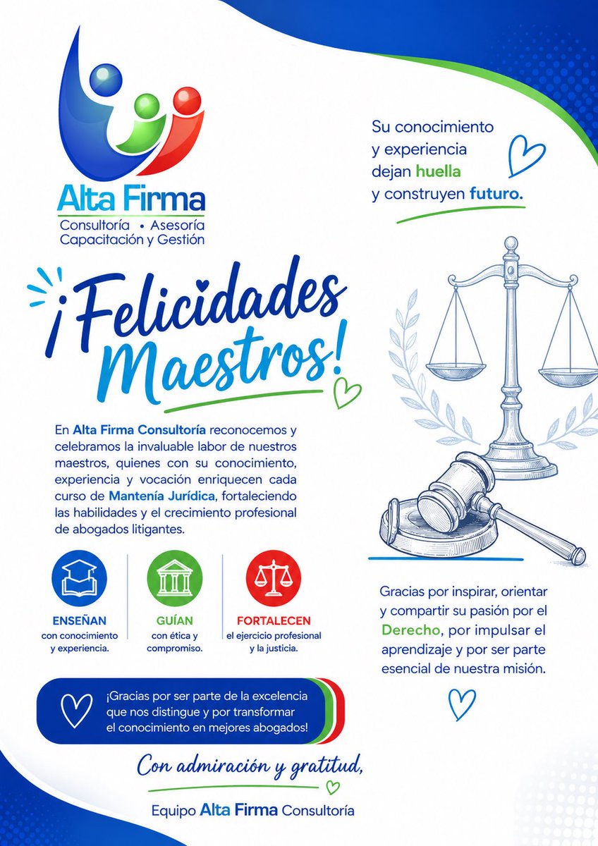 AltaFirma's tweet photo. ⚖️ Reconocemos y agradecemos a nuestros maestros y maestras por su invaluable labor en la formación jurídica de abogados litigantes. 👏

📌 A finales de este mes:
Curso Online en Vivo
“Responsabilidad civil e incumplimiento contractual”

#AltaFirmaConsultoría https://t.co/HPr4awQS0m