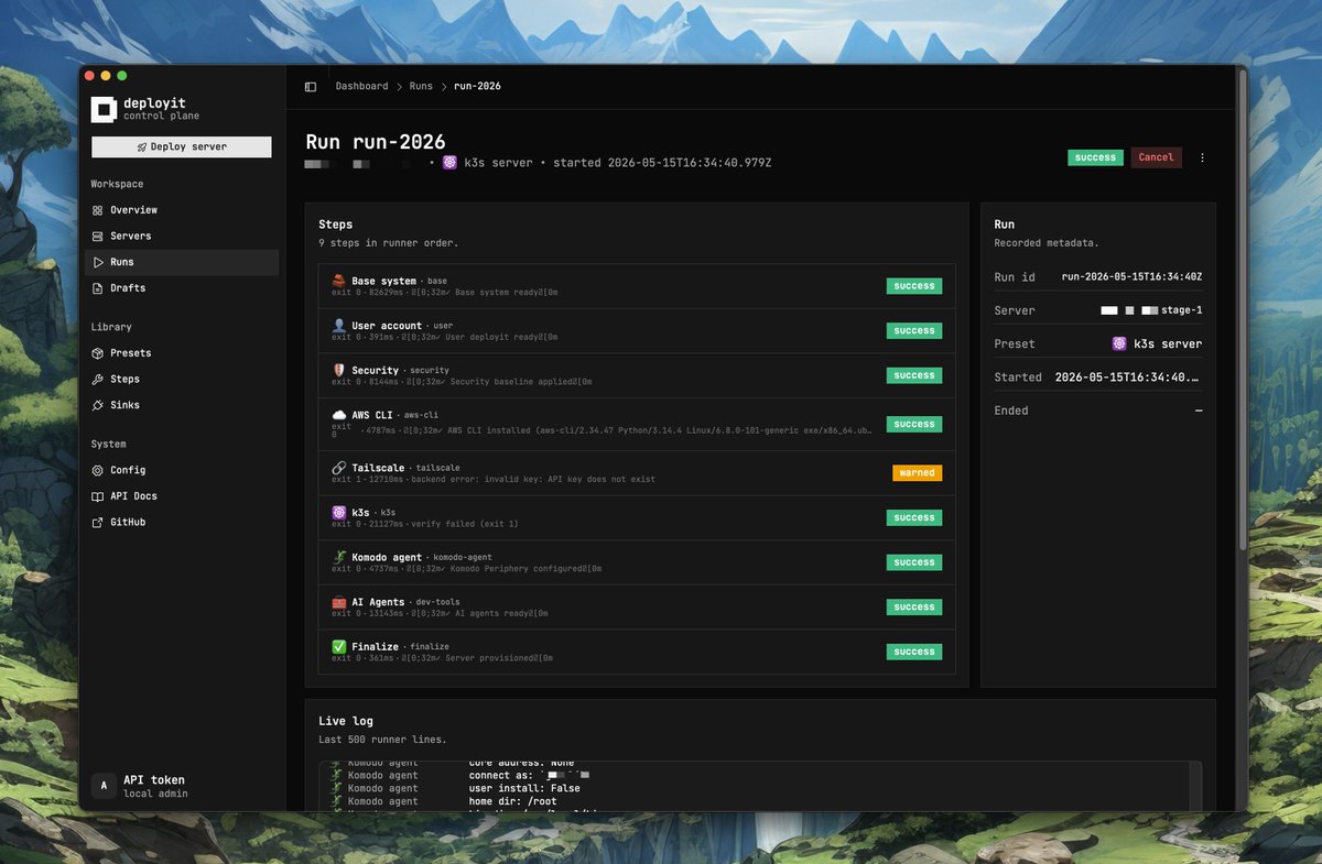 nikuscs's tweet photo. A great use case for AI "slop" that you can make  in 48 hours is a full server provisioner with presets, full process tracking, etc. I always wanted a small companion app to deploy my little servers without going full docker or full coolify vibes, so why not? Minimal, saves to a local sqlite + onepassword. 

Currently i have 3 presets done: Fullstack; k3s;docker 

Might open-source this soon, how your deploying your stuff self hosters? :p