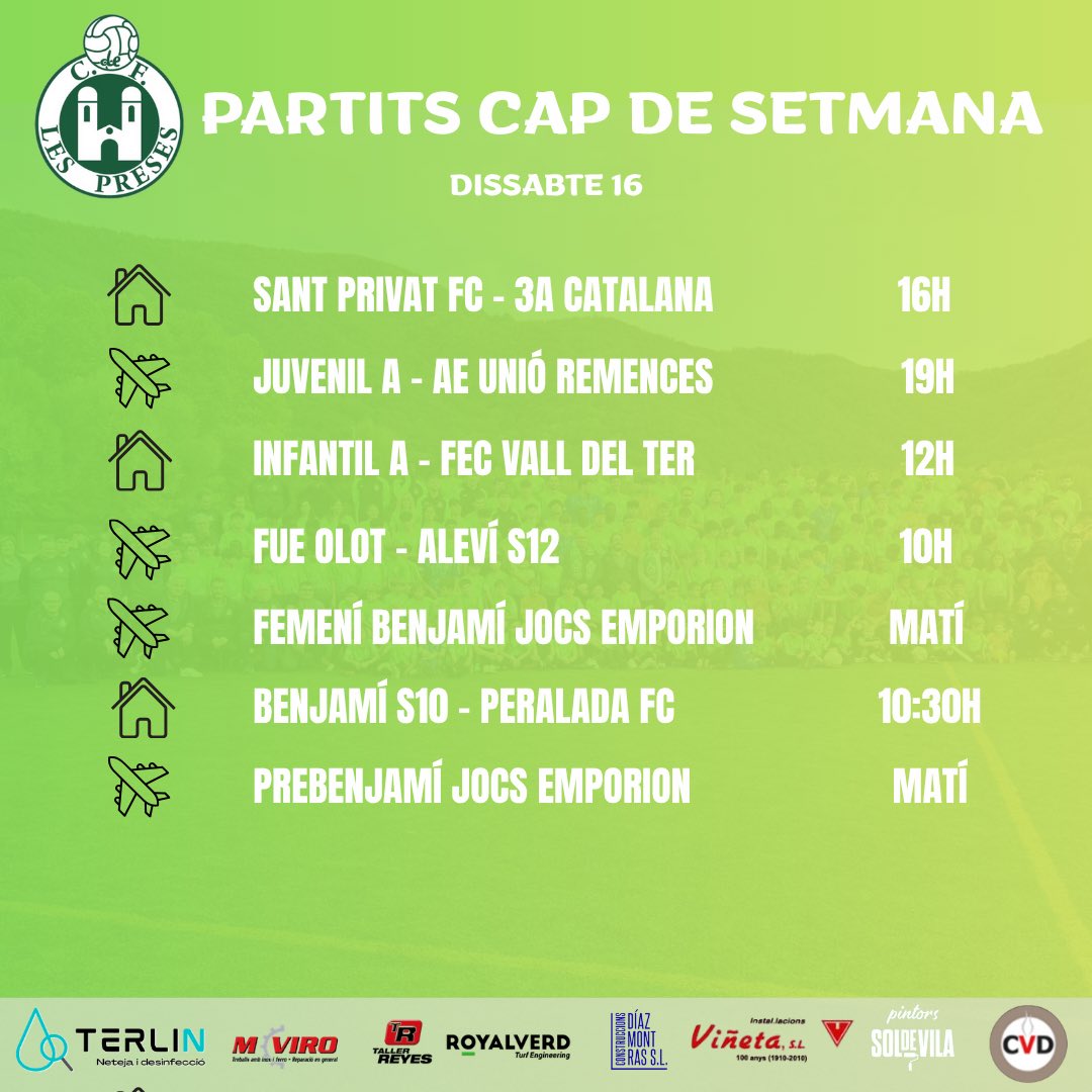 CfPreses's tweet photo. ⚽️PARTITS CAP DE SETMANA⚽️

Anem acabant la temporada i els equips van encarant la recta final📸

Consulta els partits d’aquest cap de setmana⚡️

A més, cap de setmana de Jocs Emporion⚔️ https://t.co/QIVN46UHtP