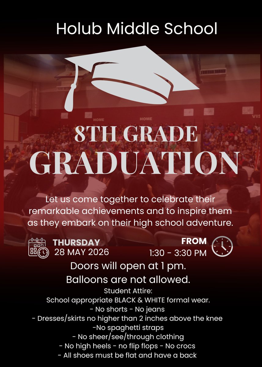 HolubMiddle's tweet photo. 8th Grade Graduation is around the corner!  We hope to see all of our Hawk families come out and support the success of your students!  See the flyer for more info. https://t.co/TuTnKVtyBL