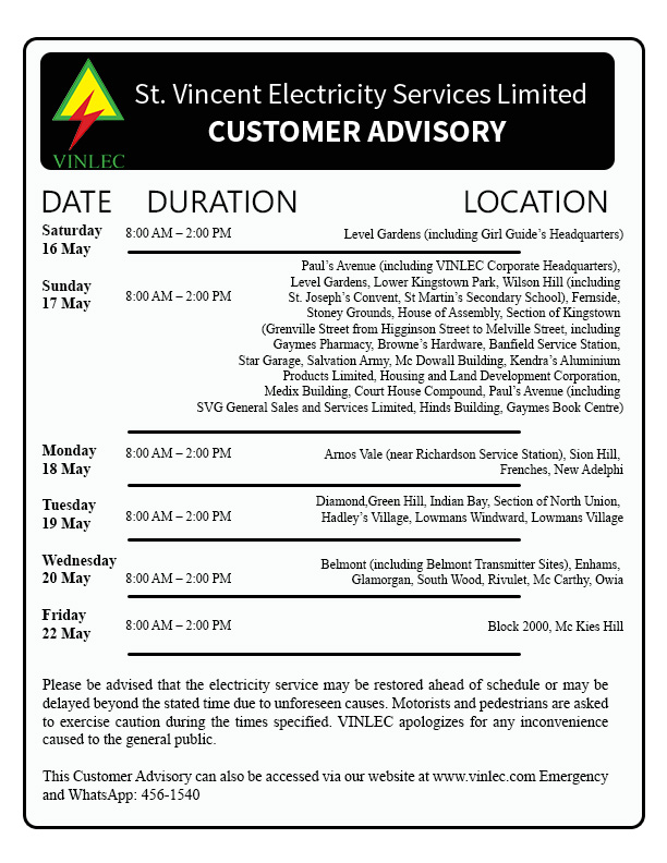 VINLECSVG's tweet photo. The routine maintenance of our Transmission and Distribution network is necessary for the supply of a reliable and safe electricity supply.
Here are the areas that will be affected by planned outages in the upcoming week. https://t.co/XPp0qepGvM