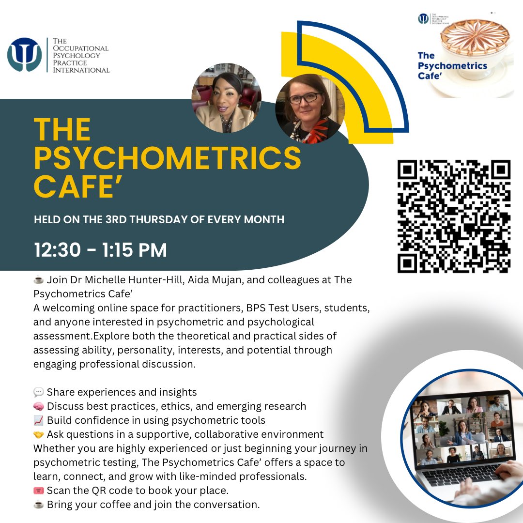 OPPractice's tweet photo. Will you be joining The Psychometrics Cafe next week: Thursday 21st May 2026? Use the QR code to book your place. @thepsychometricscafe @theoppractice https://t.co/v4ND5rEhj1