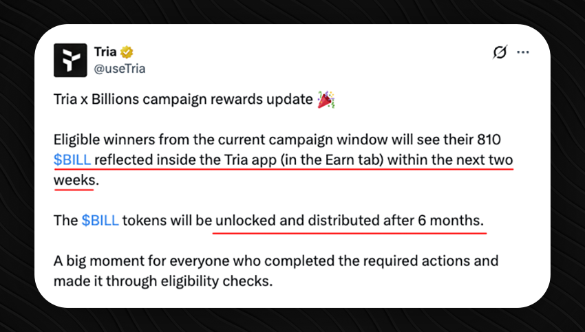 CryptoTopOfc's tweet photo. Atualização da distribuição de📷📷BILL · $0.20 Se você participou da campanha Billions x Tria e comprou o cartão, seus 810 BILL aparecerão dentro do app Tria (aba Earn) nas próximas 2 semanas.  📷 Não são líquidos, no entanto. Os tokens são liberados após 6 meses. @useTria https://t.co/3FdSrvbD3k