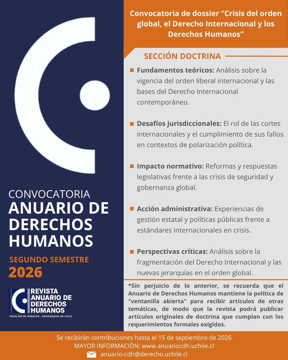 CDHUChile's tweet photo. 📢  Convocatoria abierta | Anuario de Derechos Humanos – Segundo semestre 2026

🕐 Plazo de envío: 15 de septiembre de 2026.

🔗 Más información: https://t.co/ImdYKPN4Tv
📩 Contacto: anuario-cdh@derecho.uchile.cl https://t.co/SeVqtuBn1R