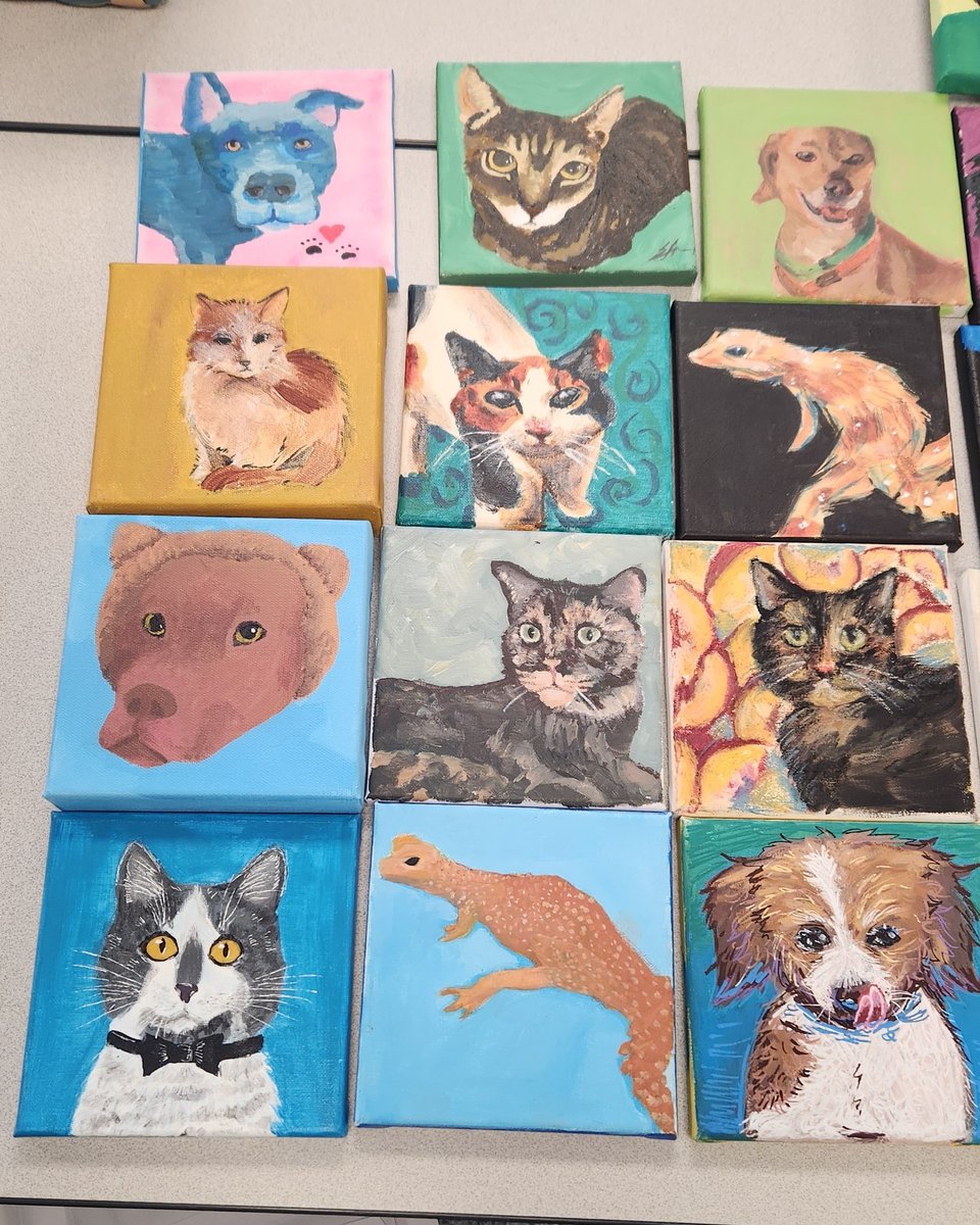 PWSPCA's tweet photo. A-ma-zing! TY Colgan HS Nat Art HS students who painted portraits of shelter pets and wildlife. This is our second time coordinating this project and we LOVE the outcome. Portraits will add to what is at the @PWCAnimals Center and expand to showcase wildlife from @AeroRescue. https://t.co/7OuNWh8OOU