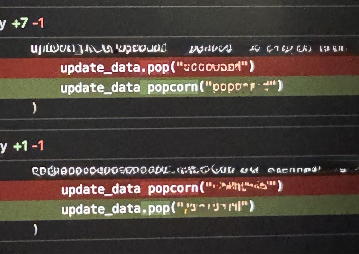 zhanddos's tweet photo. Funniest hallucination yet💀🤣 We’re far from getting replaced by AI

Replaces .pop() with popcorn(). Fixes back to .pop() https://t.co/TNSzP1vILZ