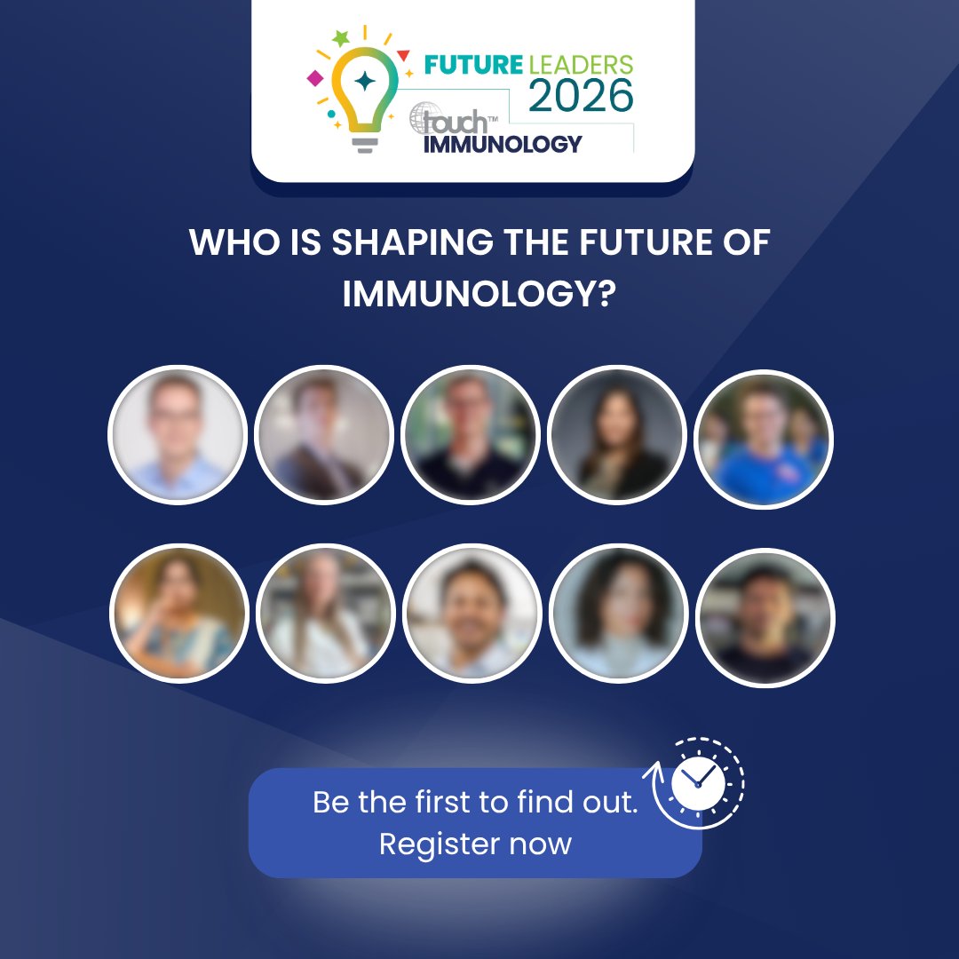 touchIMMUNOLOGY's tweet photo. Who’s shaping the future of immunology in 2026?

We’re excited to unveil the touchIMMUNOLOGY Future Leaders 2026 - our second cohort celebrating the next wave of innovators and change makers in the field.

These emerging leaders are making an impact across clinical practice, research, and advocacy, driving progress in patient care and advancing the frontiers of immunology worldwide.

Be among the first to meet the Future Leaders of 2026 and discover the ideas, science, and people shaping what comes next.

Register now for the touchIMMUNOLOGY Future Leaders 2026 reveal 👉 https://t.co/3uU7oRMroG

#FutureLeaders #Immunology #Immune #ImmuneHealth #RisingStars #healthcare #medicine