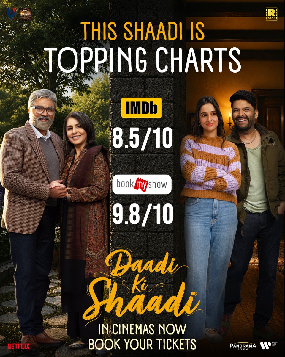 beingu_studios's tweet photo. From laughs to emotions, Daadi Ki Shaadi is scoring everywhere 🍿⭐

Book your tickets now! 
🎟️- https://t.co/Enb9LVX4wE 

Daadi Ki Shaadi in cinemas now.
Gen D to Gen Z — all are invited.

#DaadiKiShaadi #WillSheWontShe

#AshishRMohan
@RTakestudios @beingu_studios https://t.co/Dv1i4l0uBg