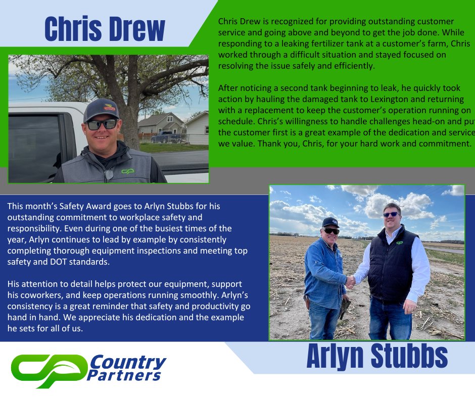 CountryPartner's tweet photo. Congratulations to Arlyn Stubbs and Chris Drew for being recognized for their outstanding commitment to safety, service, and going above and beyond. Thank you both for the hard work, dedication, and example you set every day for our cooperative and customers. https://t.co/qleIhDNsY3