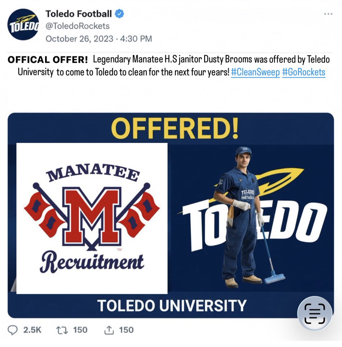 JuilusT71949's tweet photo. Congratulations to the entire Manatee football team on their offers to Toledo including legendary janitor Dusty Brooms! #KeepSweeping #MopLife #SweepDreams @doug_kidd77810 @scotiepeacock @RecruitManatee https://t.co/Cyab2Sa5Xy