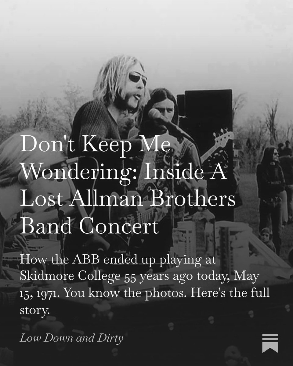 AlPaul's tweet photo. Don't Keep Me Wondering: Inside A Lost Allman Brothers Band Concert

How the ABB ended up playing at Skidmore College 55 years ago today, May 15, 1971. You know the photos. Here's the full story.

https://t.co/qU60fJyQuO https://t.co/oirrCCJEuI