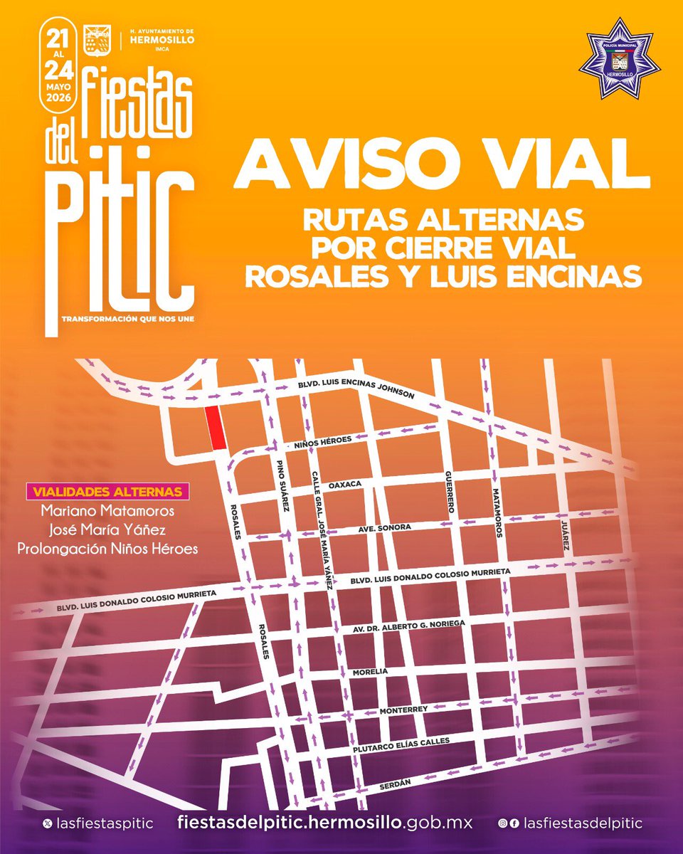 Policia_HMO's tweet photo. ⚠️ AVISO ViAL:🚧 Blvd. Luis Encinas y calle Rosales
Cierre a la circulación de norte a sur sobre la calle Rosales.
🚧 Pino Suárez y avenida Niños Héroes Cierre de carriles 1 y 2 de sur a norte en Pino Suárez para implementar contraflujo e incorporarse a la calle Rosales. https://t.co/kzTh3gMTHt
