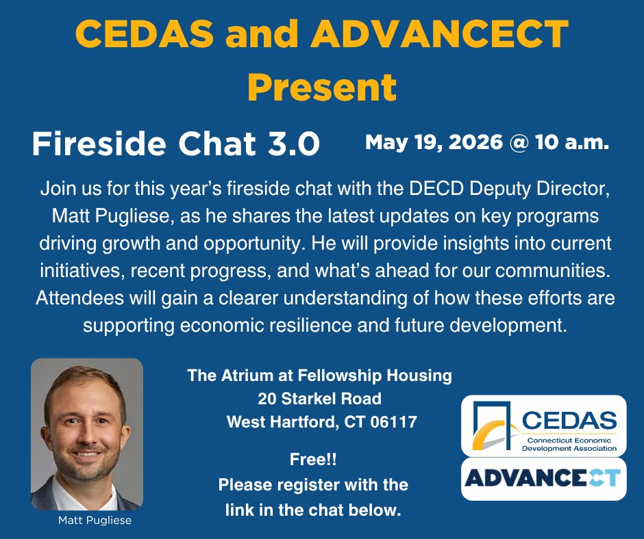 CTCEDAS's tweet photo. Tuesday, May 19th! Will we see you in West Hartford for our free fireside chat with Deputy DECD Commissioner Matt Pugliese? 

Time is running out to RSVP! Please do so at the link in the comments below. https://t.co/ibgZHtR8HL
