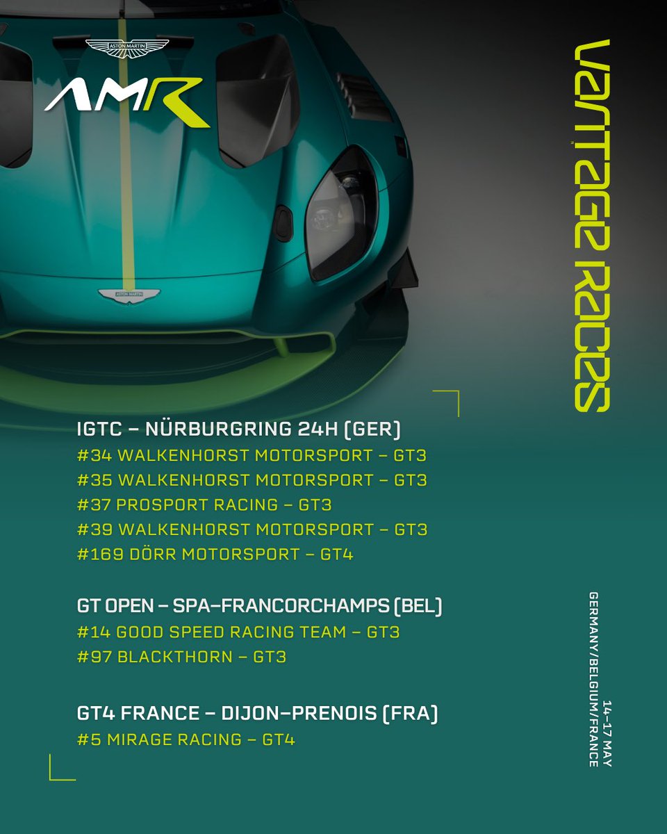 AMR_Official's tweet photo. The International GT Open continues this weekend at Spa with Vantage seeking glory in two classes as Jonny Adam joins the Blackthorn line-up and Good Speed Racing also gears up for action. (ctd)

#AstonMartin #Vantage #GTOpen https://t.co/ZINS9R6gvK