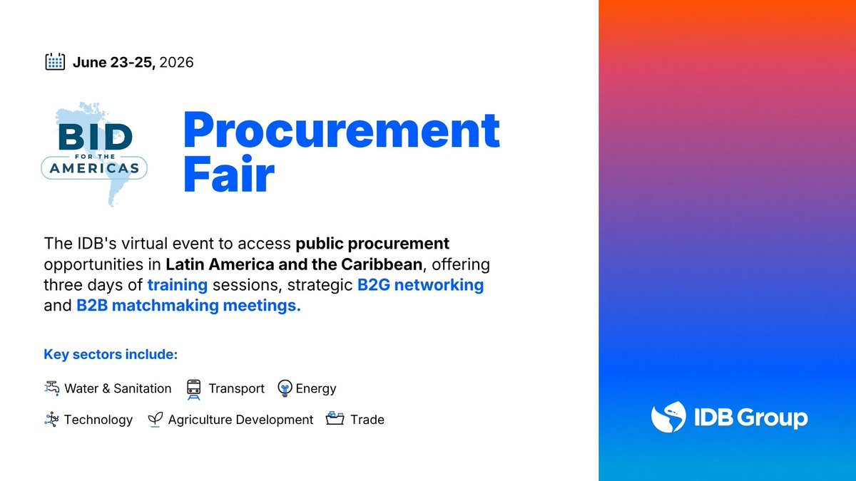 FabrizioOpertti's tweet photo. How can companies engage with IDB-financed opportunities across the region?
The BID for the Americas Procurement Fair will connect firms with executing agencies and partners across #LatinAmerica and the #Caribbean.
📅 June 23–25, 2026
🌐 Online | Free
👉 Register: https://t.co/XZnGoNezto