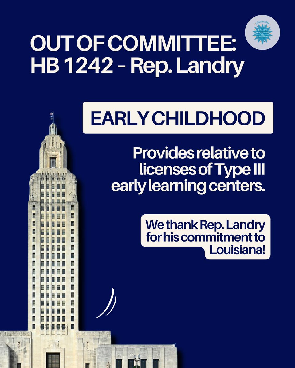PolicyInstLA's tweet photo. HB 1242 is out of Committee and going to the Senate Floor for debate!  

Thank you, Rep. Landry (@TLand2), for your leadership and commitment to Louisiana's children! https://t.co/K5VhOJLkzY