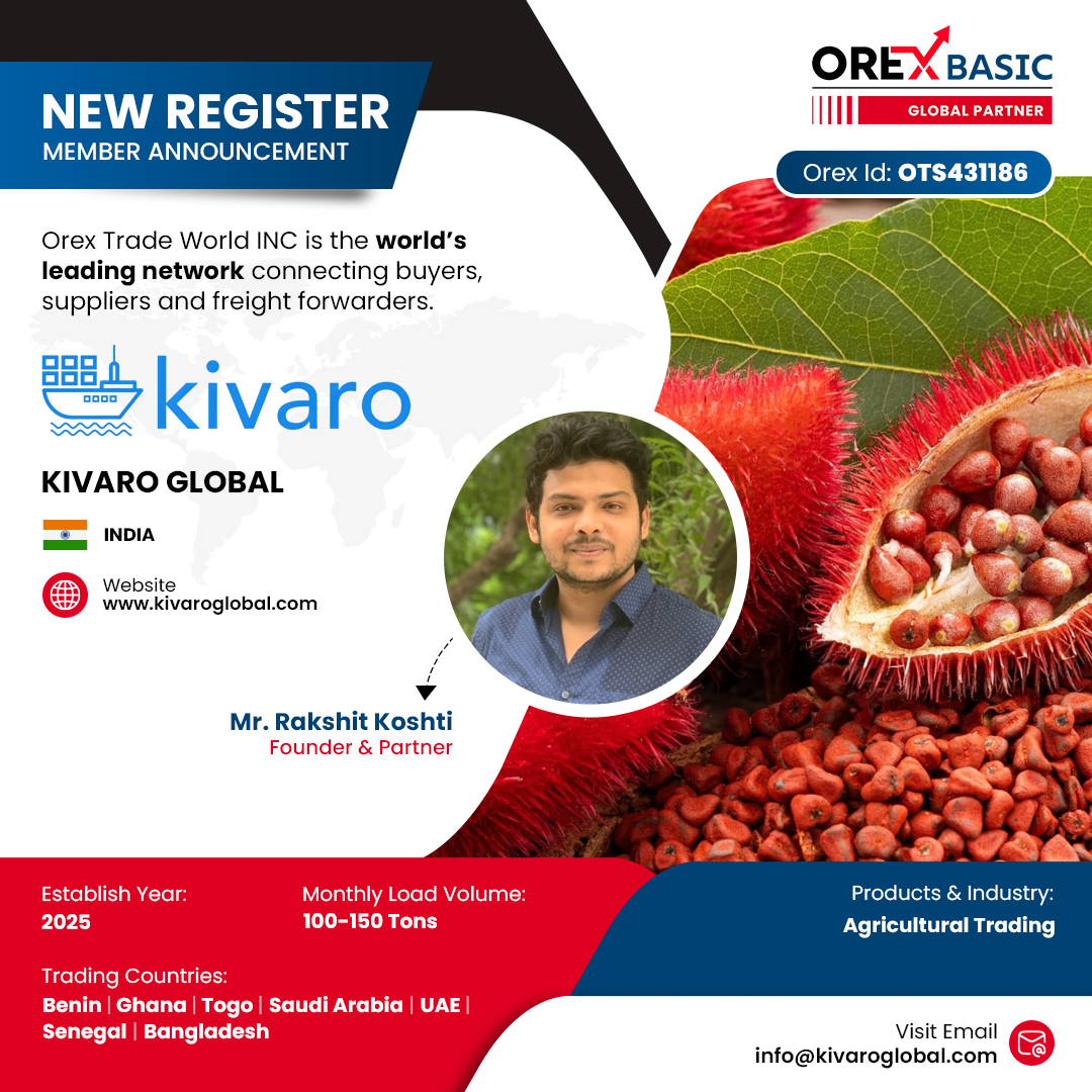 Orextradeworld's tweet photo. Welcome Kivaro Global – India to the Orex Trade Network!

Represented by Rakshit Koshti (Founder &amp; Partner), the company specializes in Agricultural Trading, building strong global trade connections across multiple markets.

#OrexTrade #Agriculture #GlobalTrade #IndiaBusiness https://t.co/w9kSrkq8n5