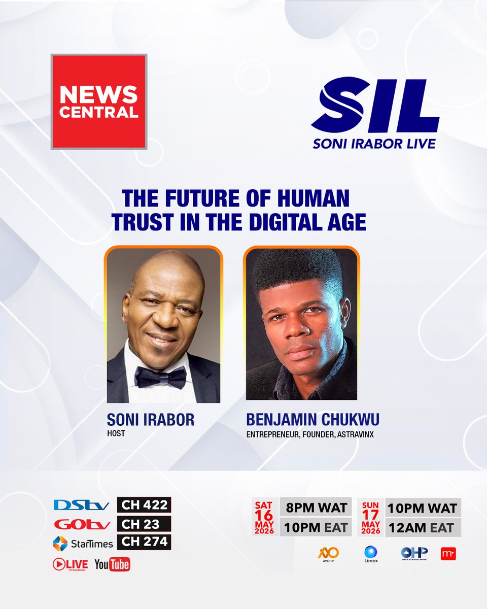 NewsCentralTV's tweet photo. In a world shaped by artificial intelligence, algorithms and digital disruption, one question remains: can human trust survive the digital age?

@soniirabor4real sits down with @IAMCBEN to discuss the future of human trust in the digital age.

Showing tomorrow at 8 PM WAT. https://t.co/Qe3EGhV9Ph