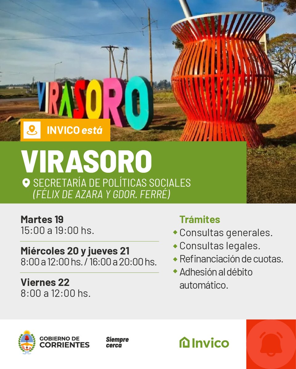 invico's tweet photo. INVICO ESTÁ 🚙 Desde el 19 al 22 de mayo estaremos atendiendo a las familias de #GobernadorVirasoro.
Y durante los días miércoles 20 al viernes 22 estaremos visitando a los vecinos de #SanMiguel
📍 Conoce los lugares de atención, horarios y trámites en las imágenes. https://t.co/vA5OhWTcIp