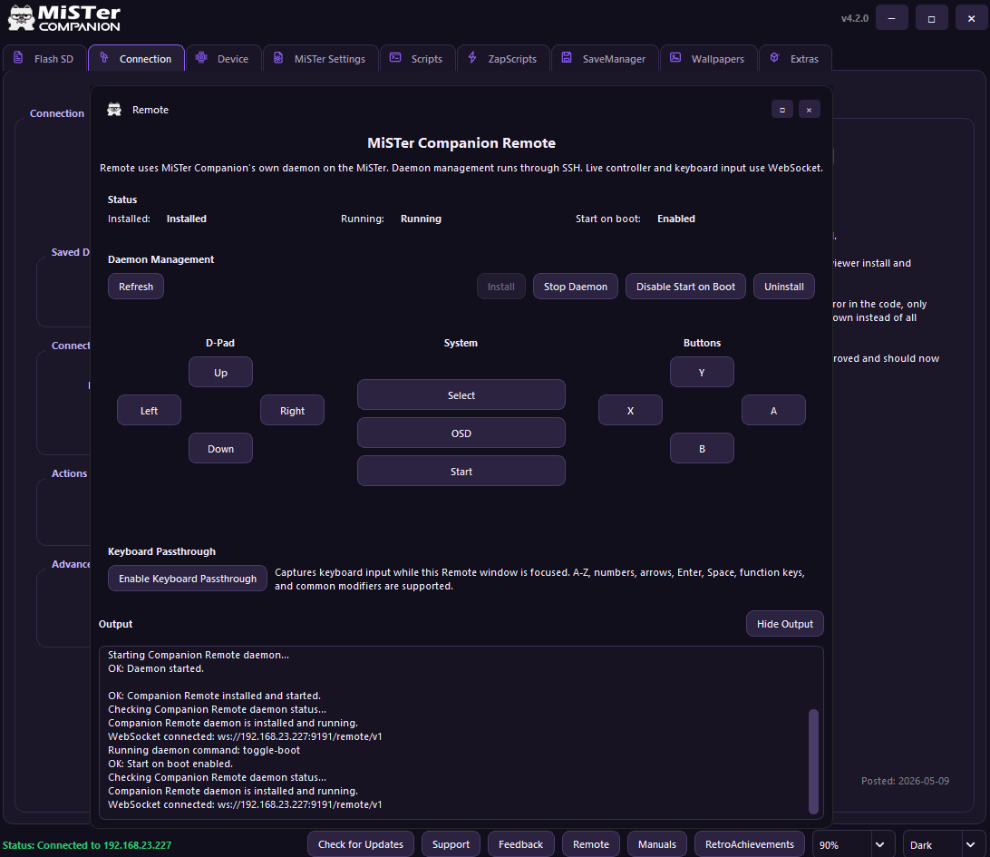 Anime0t4ku's tweet photo. MiSTer Companion v4.2.0 is out!

This release adds the new Remote feature, letting you control your MiSTer directly from MiSTer Companion with on-screen buttons and keyboard passthrough from your PC or laptop.

Download:
 https://t.co/LIjfOH4FPN https://t.co/LvaGM4mAoc