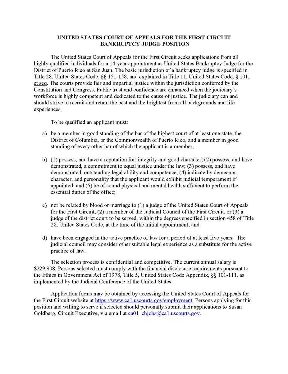 USCourtsPRD's tweet photo. Public Notice: The United States Court of Appeals for the First Circuit seeks applications from all highly qualified individuals for a 14-year appointment as United States Bankruptcy Judge for the @USCourtsPRB. For more information, see https://t.co/xLwXE5yPpq https://t.co/GGxe9sHKNT