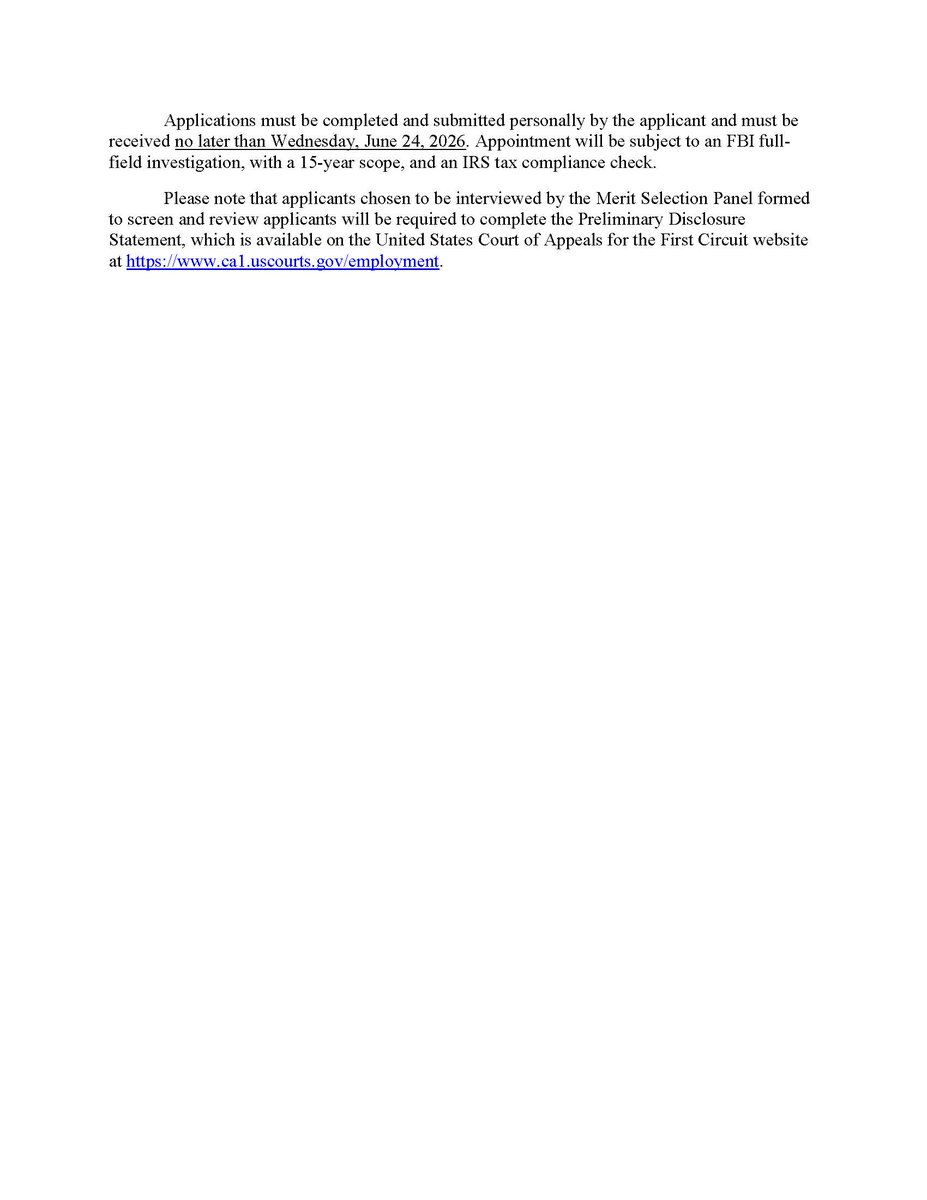USCourtsPRD's tweet photo. Public Notice: The United States Court of Appeals for the First Circuit seeks applications from all highly qualified individuals for a 14-year appointment as United States Bankruptcy Judge for the @USCourtsPRB. For more information, see https://t.co/xLwXE5yPpq https://t.co/GGxe9sHKNT
