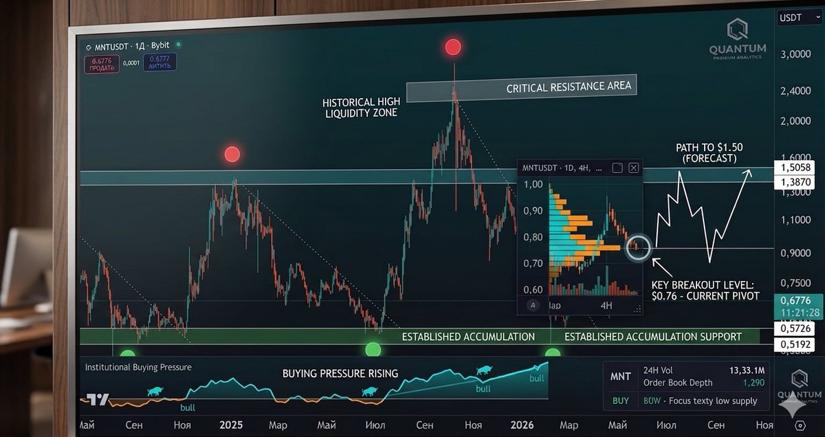 DeSch_Flow's tweet photo. 💎 $MNT (Mantle) – Primed for a Breakout

​The sell pressure on $MNT has completely dried up. With such thin order books, pushing the price back above $1.00 will be incredibly easy once the momentum shifts.

​The Setup:

​Accumulation: Strong buyer presence visible on lower timeframes.

​The Trigger: A clean break above $0.76 will likely ignite a fresh parabolic wave.

​Target: Looking at a move toward the $1.38 - $1.50 resistance zone.

​The chart is screaming "calm before the storm." Don't sleep on this rotation. 📈
​#Mantle #MNT #CryptoAnalysis #Altseason #TradingSignals