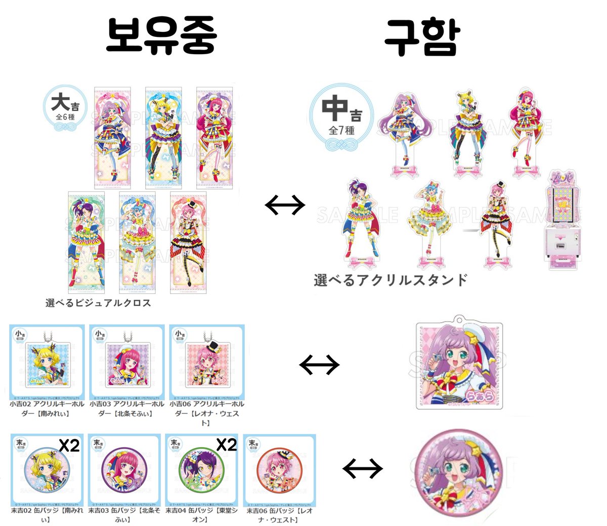 Luli_pripara_'s tweet photo. #프리티장터 #프리티_장터
프리티 시리즈 15주년 프리파라 마루쿠지 교환 및 판매합니다.
왼쪽 보유중이며 동종 라라로 교환 구합니다~!
판매는 키링,뱃지만 8000원으로 판매하며 뱃지는 교환우대합니다:) 
멘션 부탁드려요~

미레이 소피 시온 레오나 https://t.co/EU7HAqVGup