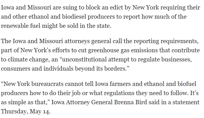 EWess92's tweet photo. "New York bureaucrats cannot tell Iowa farmers and ethanol and biofuel producers how to do their job or what regulations they need to follow. It's as simple as that." @AGIowa on her pathbreaking lawsuit, teaming up with @AGCHanaway, @AmfreeChamber &amp; @CIRights in @DMRegister https://t.co/67lVwC08b6