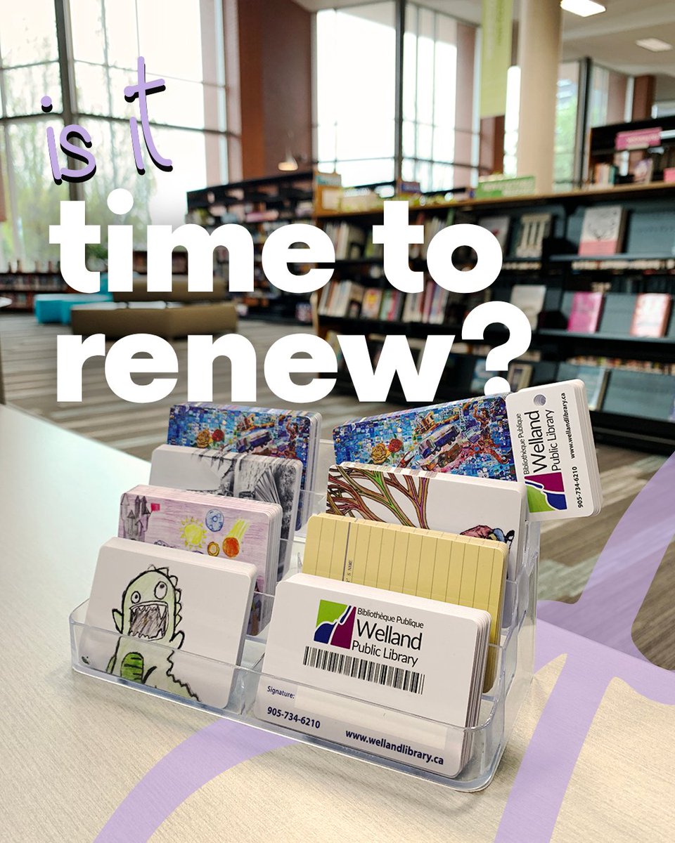 WellandLibrary's tweet photo. Did you know that your WPL card expires each year?
Don't worry, your card is still valid! We just want to make sure you didn't forget to tell us that you moved or got a new phone number.

Update your card today by visiting a branch or:
📷 905-734-6210
📷 info@wellandlibrary.ca https://t.co/1itk4GNjVa