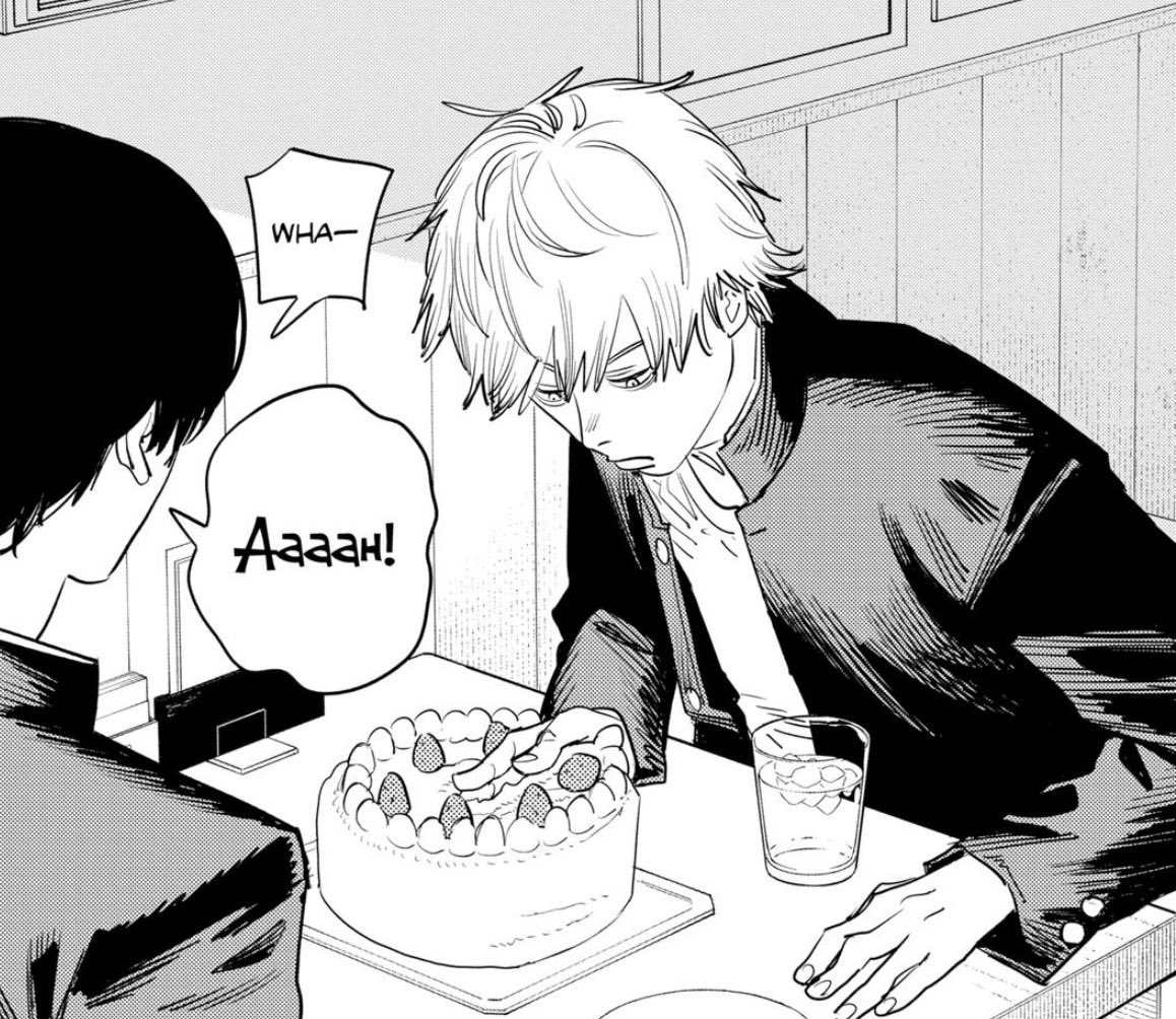 octoshida's tweet photo. I love Yoshida’s little scream when Denji cut the cake w his hand so much u can tell he was genuinely shocked https://t.co/VP99aOy2Hh