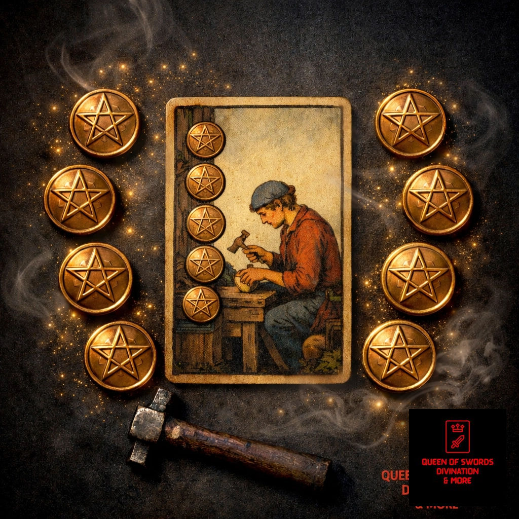 KaliDaGod's tweet photo. The Eight of Pentacles: A vibe of mastery and dedication. Hone your craft and focus on the details. Your hard work is paying off: keep going! 🔨💎 

Book your reading: https://t.co/JDB5xYsIvk 
#Tarot #EightOfPentacles #Mastery #Dedication https://t.co/C0uwPrn6NF
