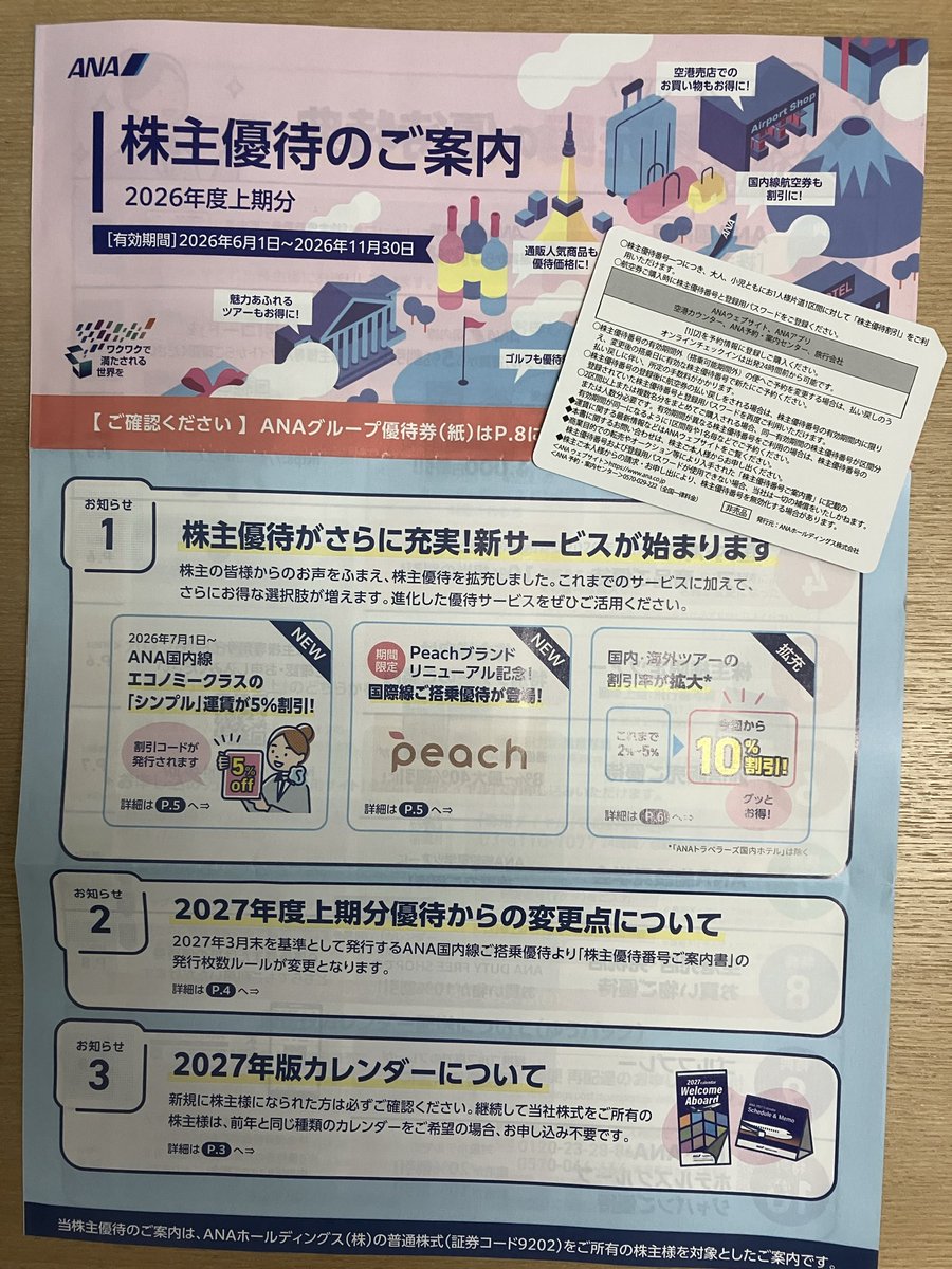 本日、9202 ANAホールディングスより株主優待が届きました🎫 この優待