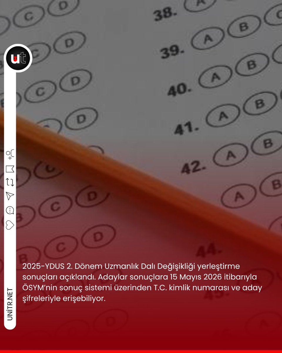 unitrnet's tweet photo. 2025-YDUS 2. Dönem Uzmanlık Dalı Değişikliği yerleştirme sonuçları açıklandı.

Adaylar, sonuçlara 15 Mayıs 2026 itibarıyla ÖSYM’nin sonuç sistemi üzerinden T.C. kimlik numarası ve aday şifreleriyle erişebiliyor.

Detaylı bilgi ve sonuç ekranı için: https://t.co/4EJNVrx6rq

#YDUS #ÖSYM #TıptaUzmanlık