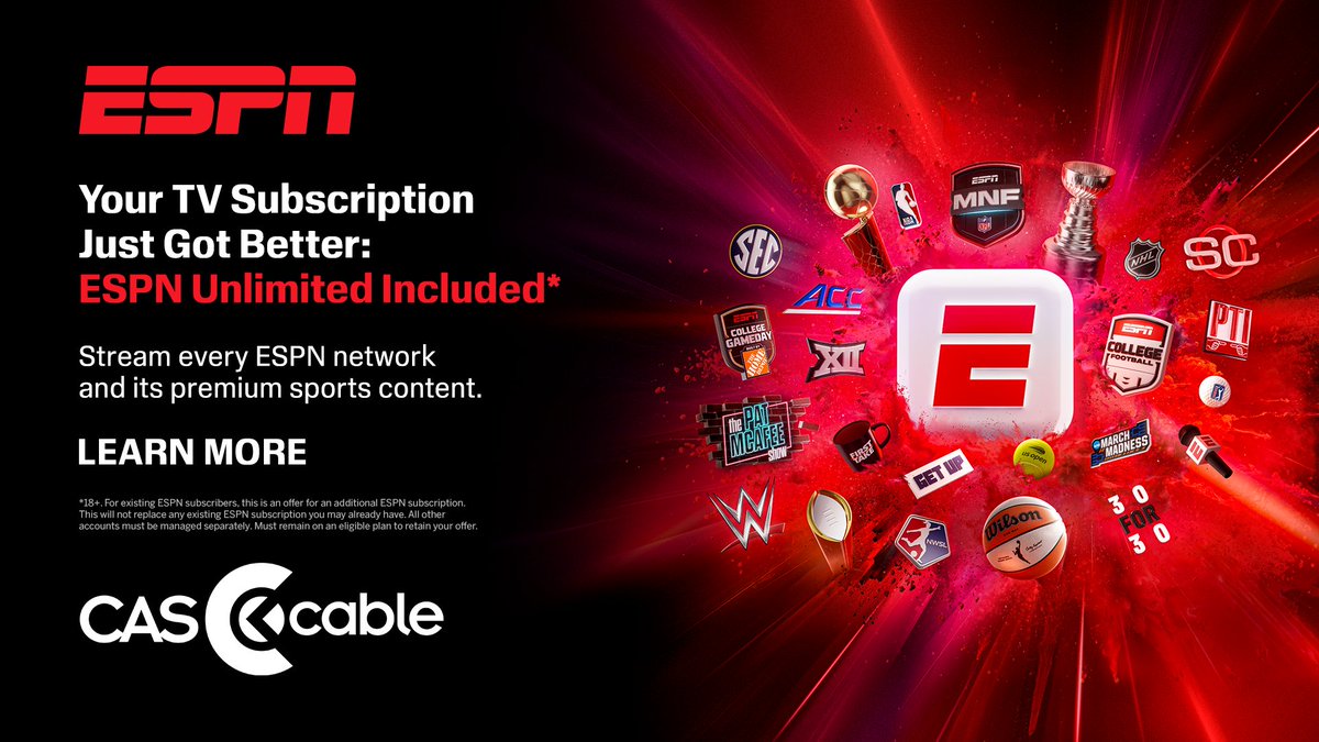 CAS_Cable's tweet photo. Great news! Your TV subscription now includes ESPN Unlimited at no additional cost. If you already receive
ESPN networks as part of your TV package, you’re all set— no extra charges.  Just check out https://t.co/E60VMavLpN to get all the details. https://t.co/RDNMjaRzd6