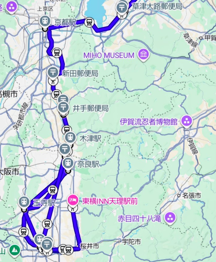 PostonQ44559's tweet photo. 2026/5/15　橿原 / 奈良 / 井出 / 宇治 / 草津　周辺

　JR利用で局めぐ。

　桜井線 (金橋駅)
　曲川簡易局 / イオンモール橿原内局

　奈良線沿線
　平城山駅前局 / 井出局 / 山城多賀局 / 新田局

　琵琶湖線 (草津駅)
　草津大路局 / 草津市役所前局

#郵便局めぐり https://t.co/U1naszw3td